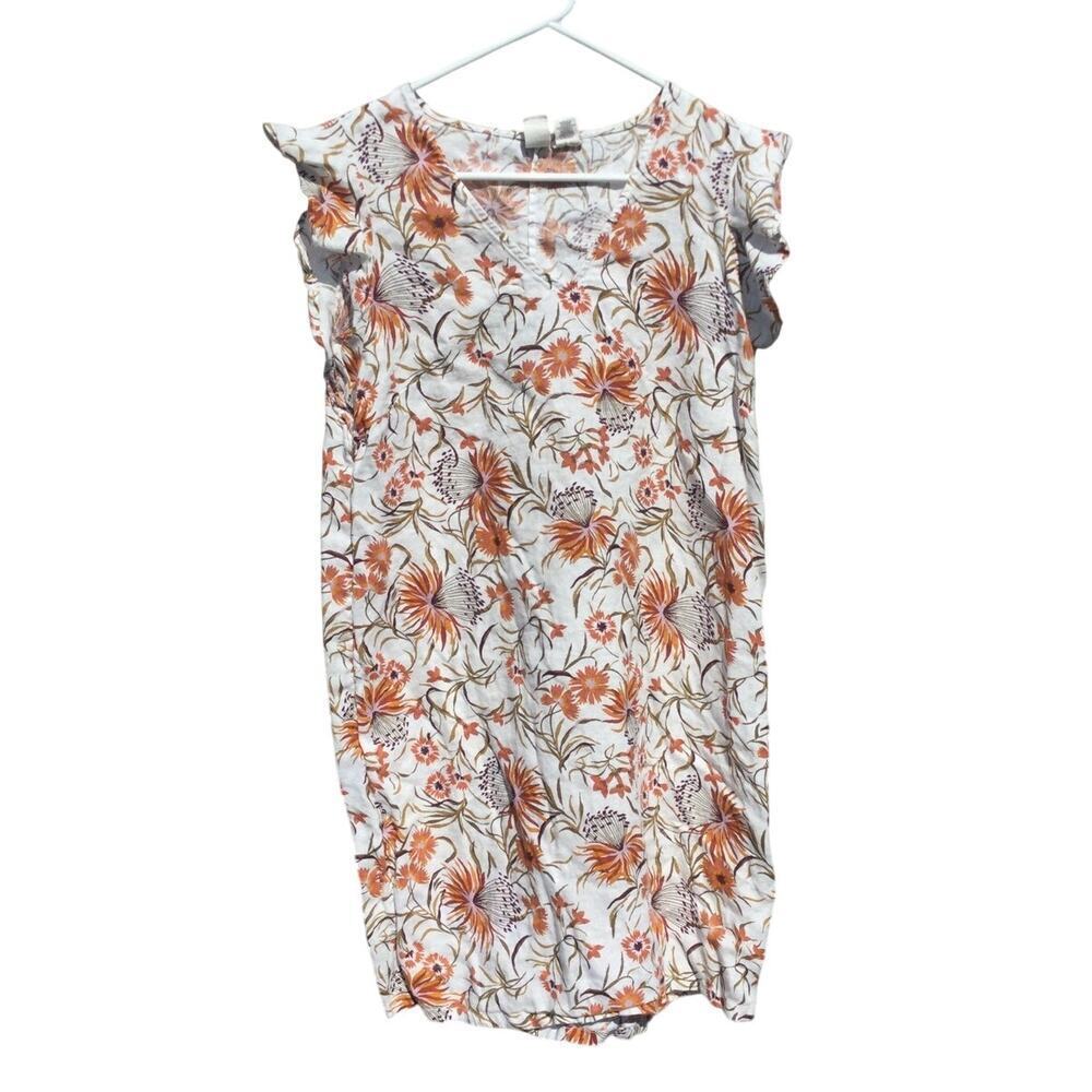 Joie Womens Linen Shift Dress Size Medium White Floral Boho Coastal Beach Boho